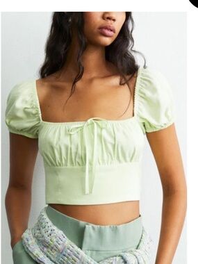 Zara Pink & Green Linen Blend 60's Mod Print Cropped Top Size XL